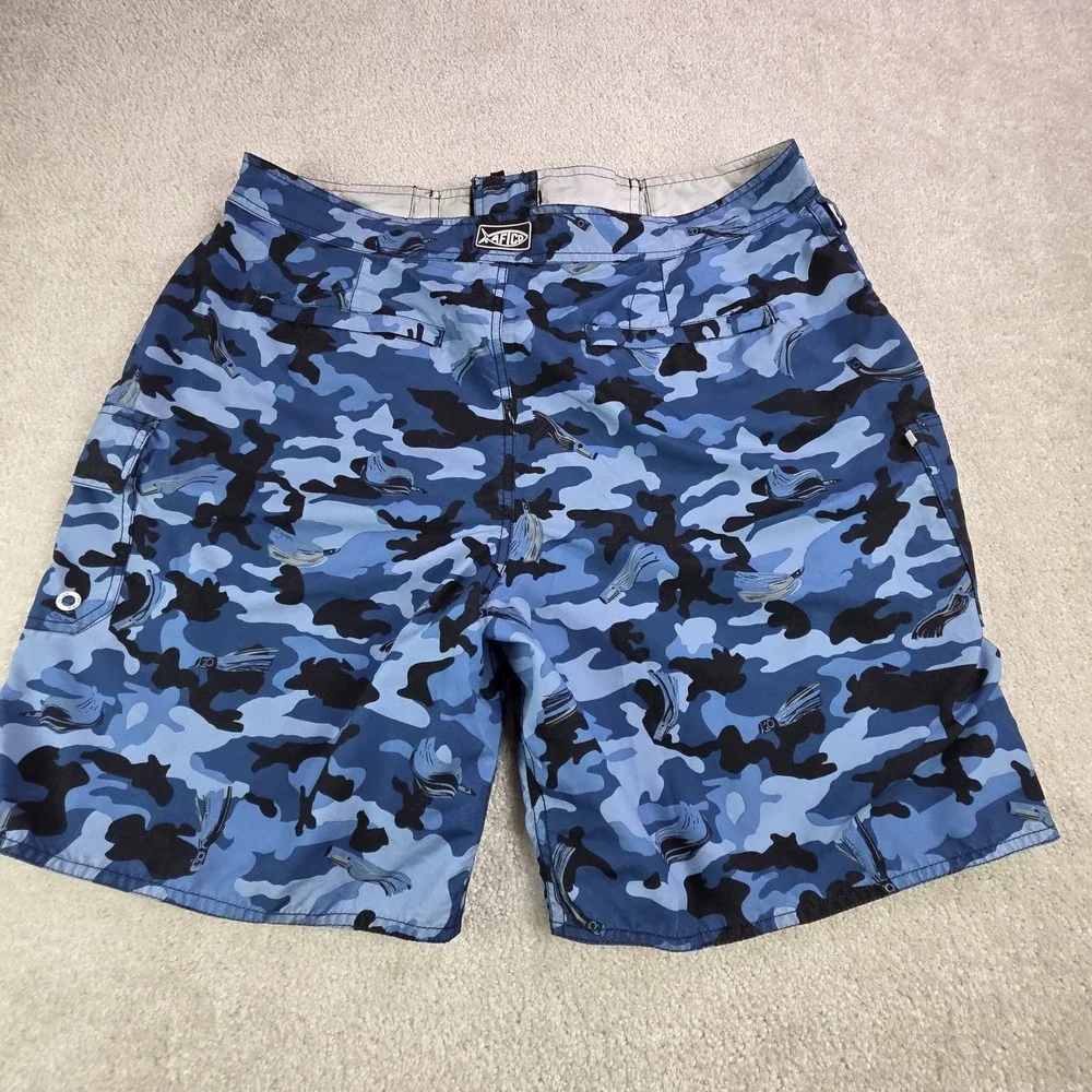 AFTCO Bluewater Board Shorts‎ Mens 38 Blue Camo UPF 50 Stretch Fishing Quick Dry